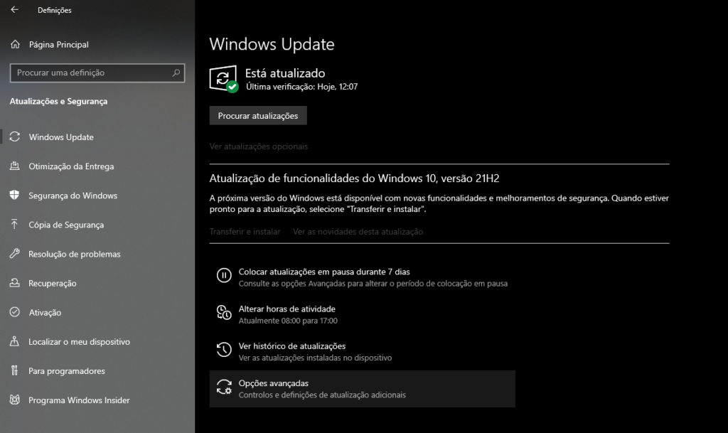Imagem da janela do Windows Update